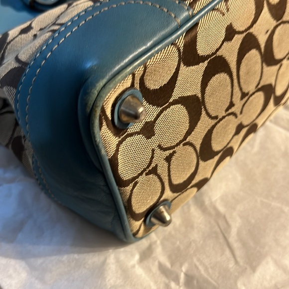 COACH HAMPTON SIGNATURE JACQUARD KHAKI/BROWN SATCHEL WITH TEAL LEATHER TRIM - Picture 9 of 12